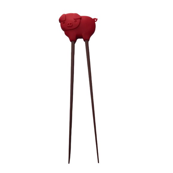 Red Silicone Pig Brown Chopsticks Kids Practice by Talisman Designs.  Red - Picture 1 of 5